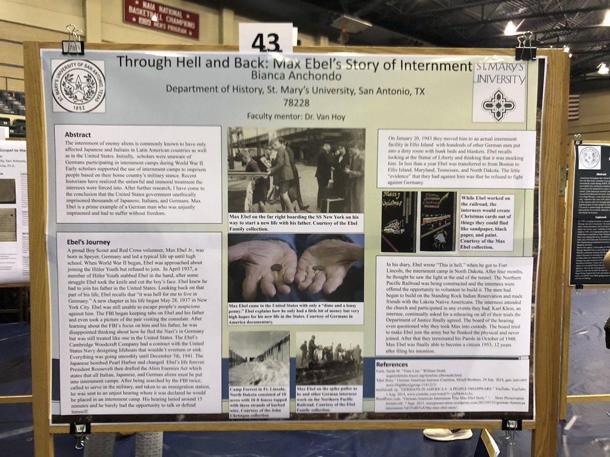 YearRemembrance's tweet photo. Today, students in all three of Dr. Van Hoy’s classes presented their posters about German - American Internment during WWII at the 20th annual St. Mary’s University Research Symposium. Congratulations to all of the students that participated! Thank you for your hard work. https://t.co/xIW5msauH9