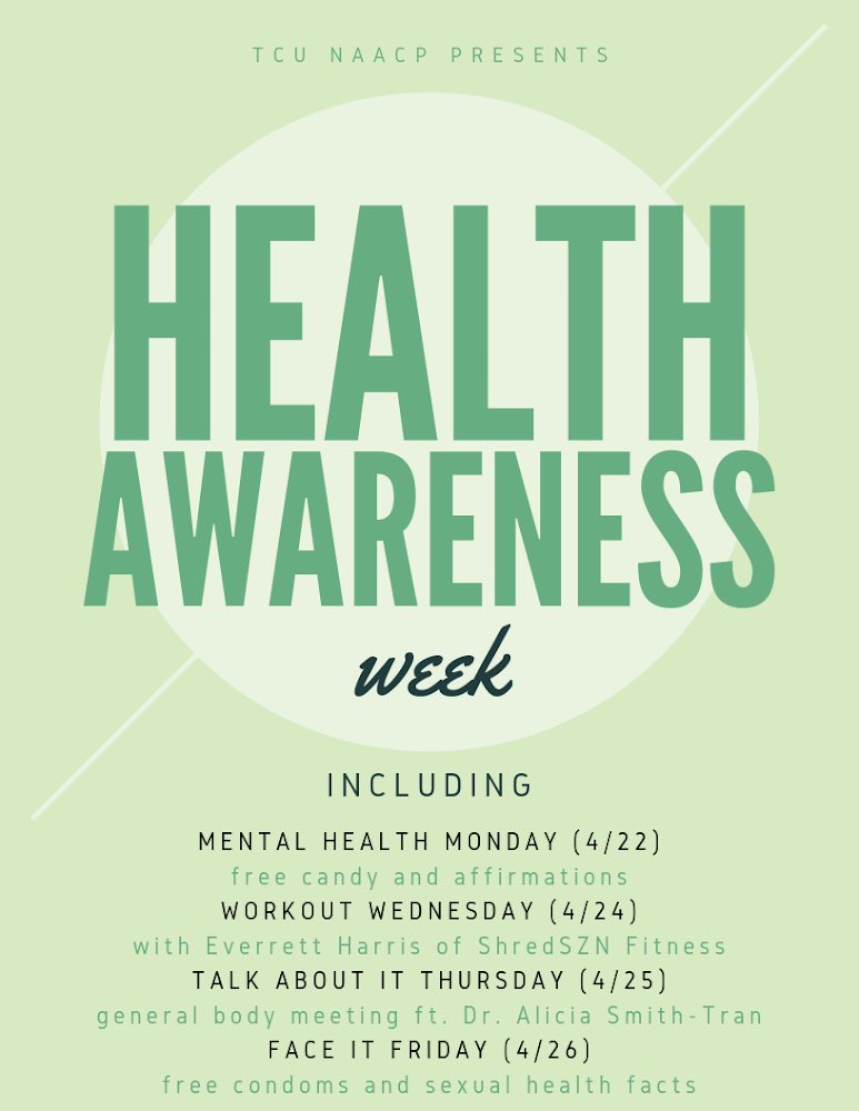 tcu_naacp's tweet photo. Watch out TCU— big moves coming!! We’re proud to announce #NAACPHealthWeek and our general body meeting for the month of April! #changeTOGETHER https://t.co/q5V1WbkEO7