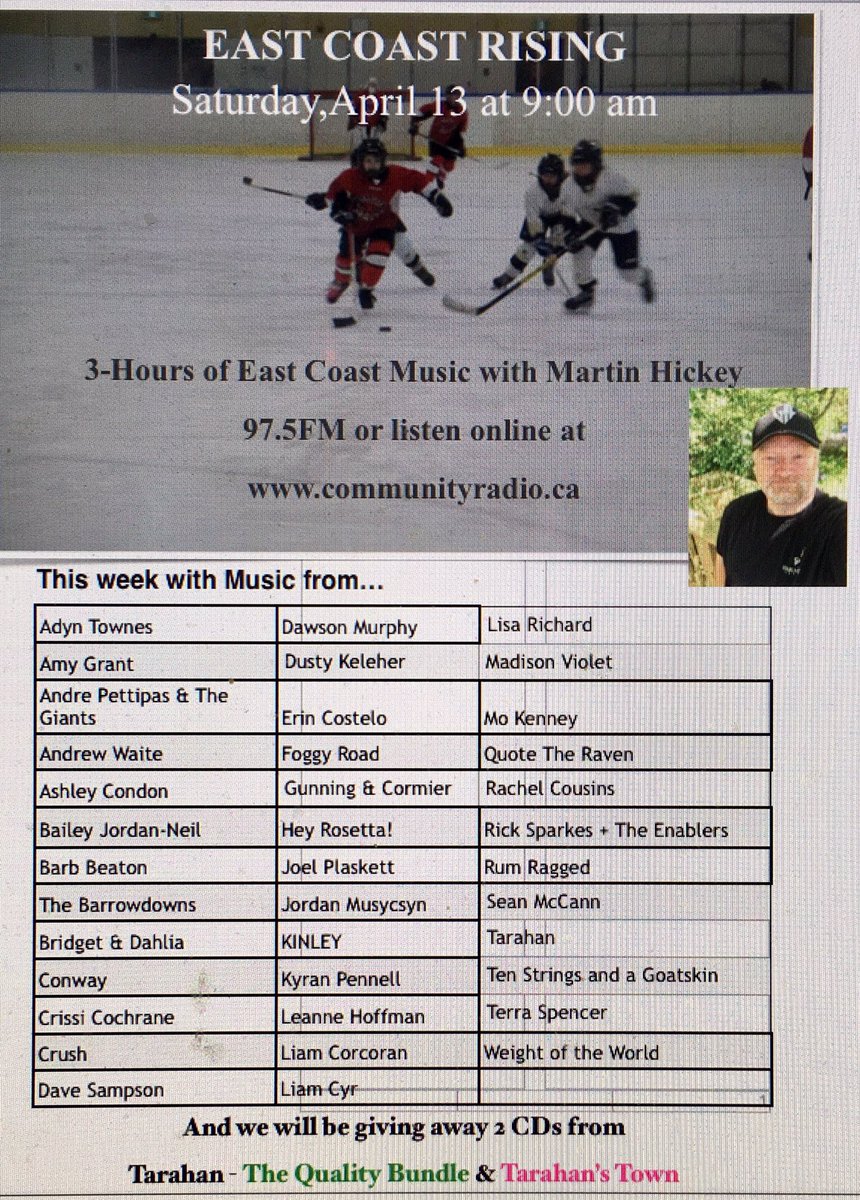 This Saturday morning at 9:00 on <a href="/CIOE975/">97.5 Community Radio</a>, we have another 3-hours of music from great East Coast artists &amp; we will be giving away CDs from Newfoundland band <a href="/Tarahanstown/">Tarahan</a>