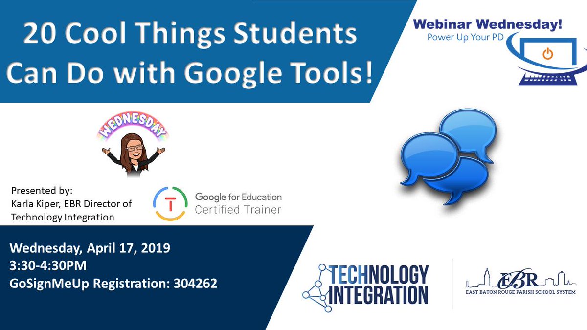 karla_kiper's tweet photo. Are you familiar with these Google tools:
Google Tour Creator? Poly? Chrome Music Lab? Grasshopper? Google Digital Garage?
Join me on 4/17 at 3:30PM for a fun and informative webinar!
https://t.co/3MUOo0ElgA #WebinarWednesday #EBRedchat https://t.co/cF952TjJ8L