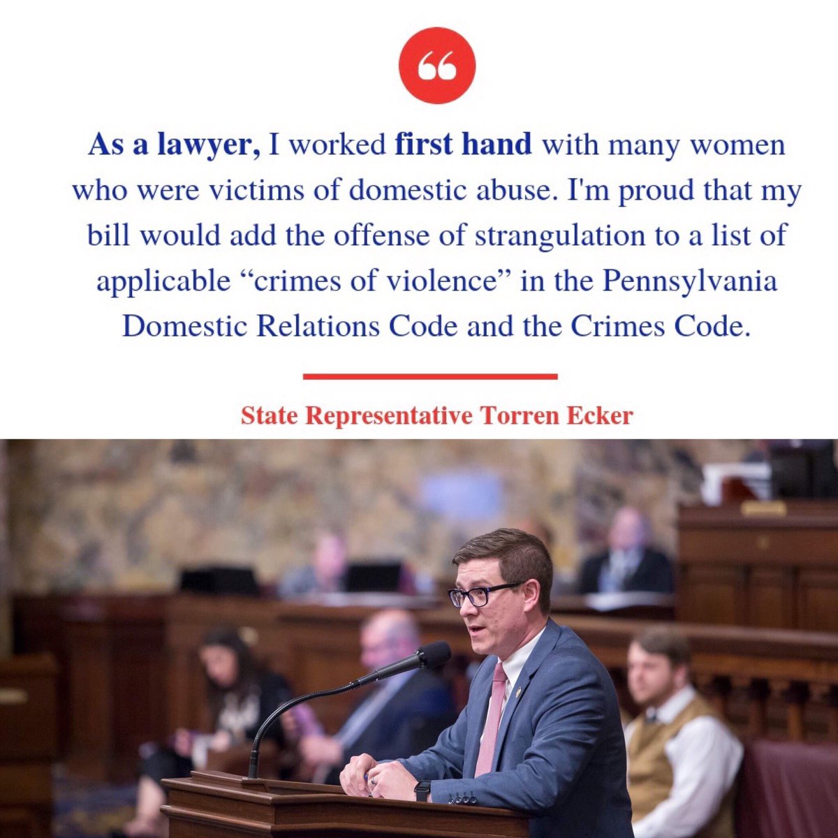 EckerRep's tweet photo. Today, I defended my bill on the House floor, which adds strangulation as a major offense to the Crimes Code.
#victimsrightsweek #KeepPASafe https://t.co/PKcyhvIpTN