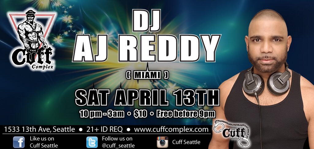 MikeE62's tweet photo. DJ AJ Reddy Will Be Bringing His Hope Tour To The Cuff On Saturday April 13, 2019. It's Just $10 For This Event #Cuff #CuffSeattle #CuffComplex #DJAJReddy #SeattleCircuitScene #CapitolHillNightlife #GoodMusic #HopeTour2019 @cuff_seattle https://t.co/BZGjRscLNz
