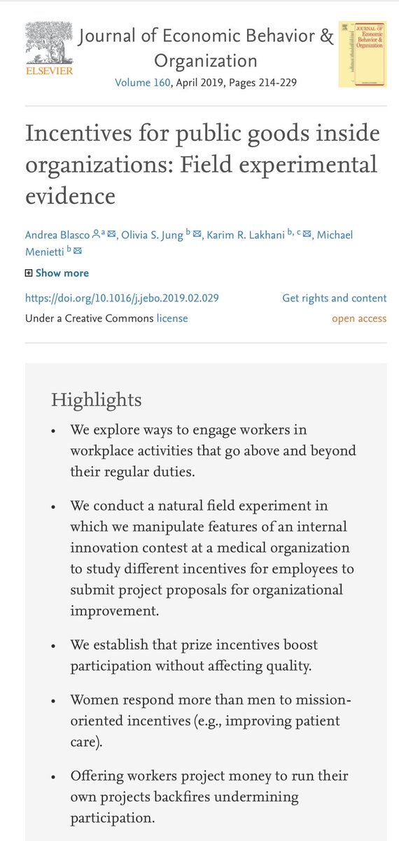 New study looking at what motivates employees to participate in innovation contests. The answer: the chance to win iPads. Women were also motivated by prosocial issues &amp; men by a chance to improve their workplace. Nobody wanted $ to make their idea real! sciencedirect.com/science/articl…