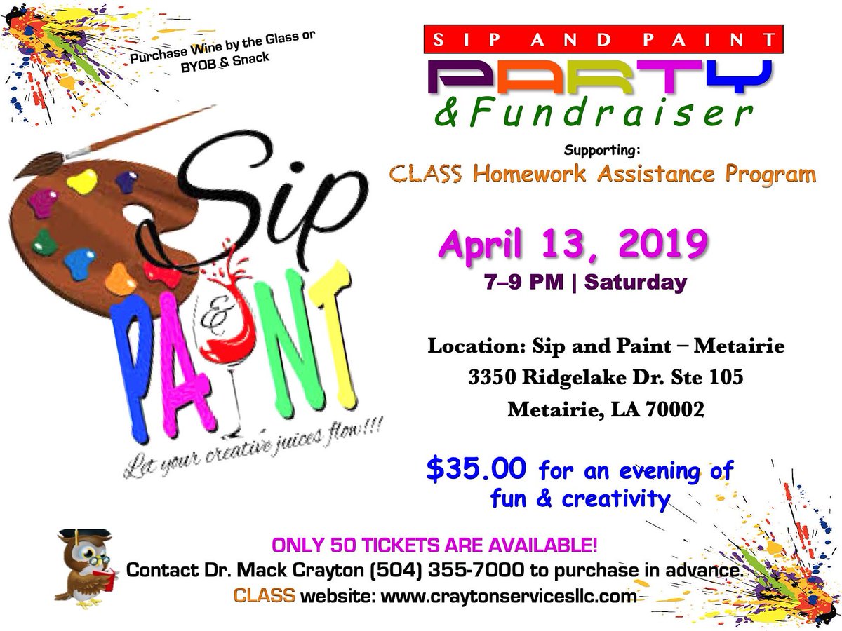 Join us on Saturday April 13th 7-9pm for Sip and Paint Party and Fundraiser. $35. See flyer for details.