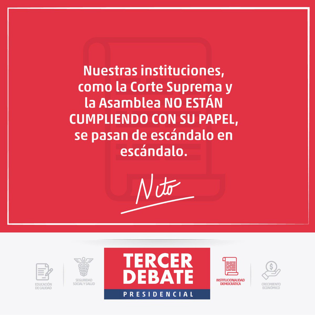 NitoCortizo's tweet photo. Nuestras instituciones como la Corte Suprema, la Asamblea no están cumpliendo con su papel, se pasan de escándalo en escándalo. ¡En el #BuenGobierno, nadie estará por encima de la ley! #NitoPresidente #TuDecisión2019 #Voto19 #PanamáDebaTE #DebatePresidencial https://t.co/HfglcaQaXw