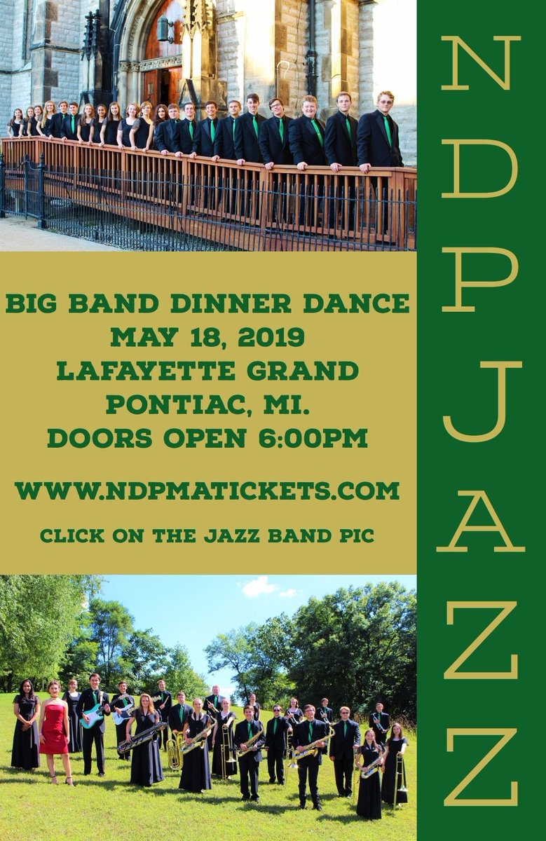 NDPBands's tweet photo. 🎶Big Band Dinner Dance is May 18th.🎶
Join the NDP Jazz Band and Alumni Band for an evening of music, dancing, food & drinks at the beautiful Lafayette Grande! Tickets go on sale April 22nd!!
#BBDD2019
#bigbandandjazz https://t.co/V9VqYVCV0A