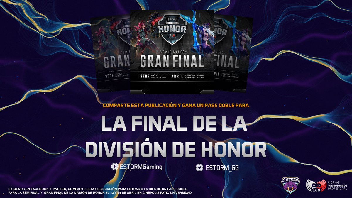 ¿Quieres ir a las finales de la Liga de Honor?🤔

¡E-STORM te invita los boletos!⚡

Sorteo de 2 pases dobles🙌🏻

- Seguir a  <a href="/ESTORM_GG/">ESTORM ⚡</a>
- Like a Facebook.com/EstormGaming
-RT en Twitter y FB

No faltes 13 y 14 de abril en <a href="/Cinepolis/">Cinépolis</a> Patio Universidad

¡Vive los Esports en México!🇲🇽