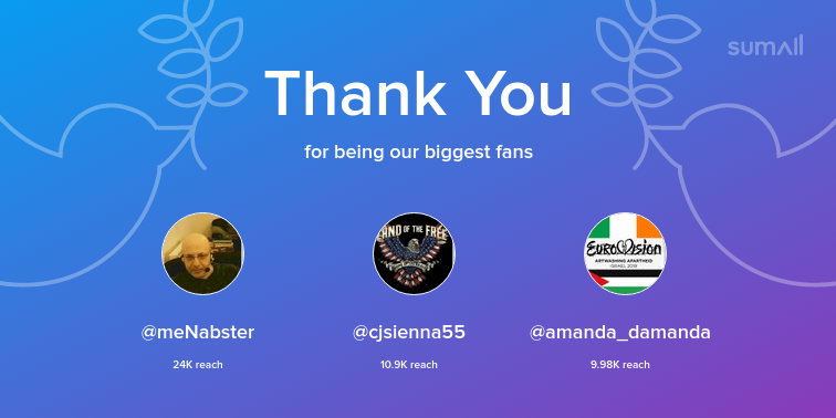 Our biggest fans this week: @meNabster, @cjsienna55, @amanda_damanda. Thank you! via sumall.com/thankyou?utm_s…