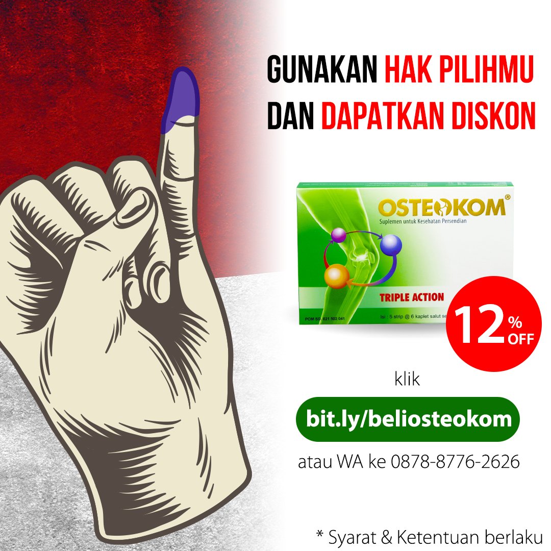 Osteokom_Lapi's tweet photo. Nyoblosnya gratis, eh dapet diskon Osteokom 12%! Setelah nyoblos tunjukan jari partisipasimu saat pemesanan online melalui whatsapp 087887762626 dan dapatkan diskonnya! Yuk, serbu pemesanan onlinenya sepulang nyoblos :D
-
#Promopemilu #Katalogpromosi #Promonyoblos #Osteokom https://t.co/qbpWxubZuG