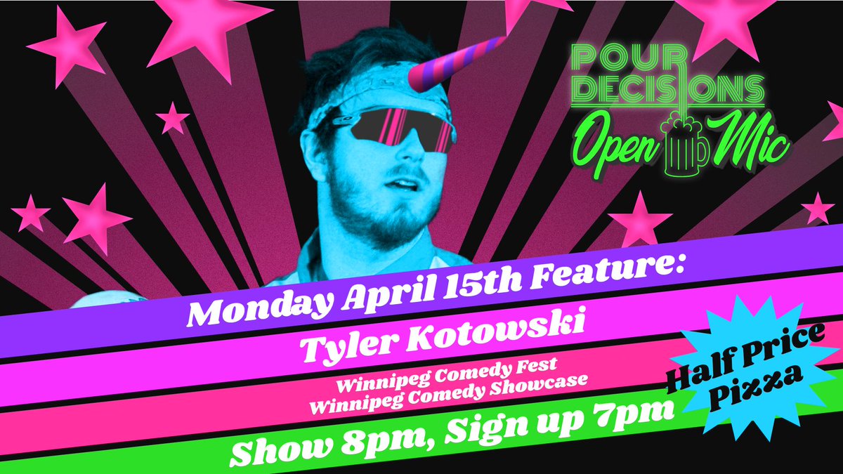 pourdecisionsco's tweet photo. This Monday is going to be one for the books! It’s open mic comedy at @GarbonzosWPG feat. Tyler Kotowski (@goodfunnyguy).
#Nocover and pizza is half price!

Don’t worry it’s not a #WinnipegJets game that night, I already checked.

Hosted by @corybantiasm
 @wpgforfree #wpgcomfest https://t.co/9Viq6y8HCi
