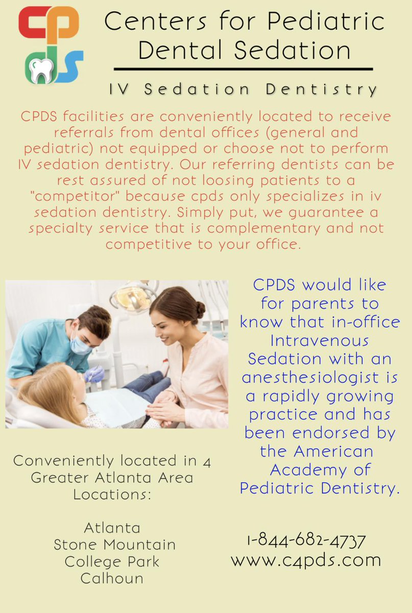 CSedation's tweet image. It is important that referring dentists know that Centers for Pediatric Dental Sedation's services are complimentary, not competitive to their services!

We solely focus on IV Sedation Dentistry for Pediatrics, and we're conveniently located in 4 Georgia locations!

#atldentists