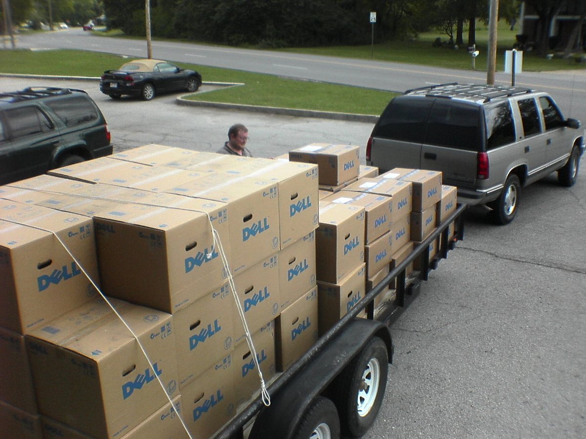 Throwback Thursday circa 2003.  A load of new Dell Computers and CRT monitors, with Jason Schmeski, current school board member when he was in Technology, and Keith Alman, still in Technology.  Behind the camera was Steve Mendleski during some contracted help at that time.