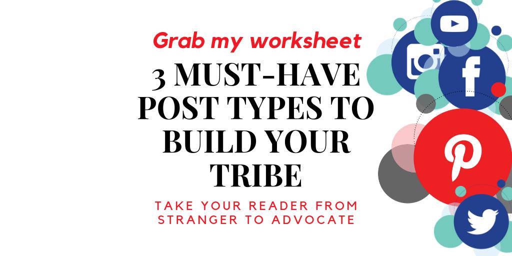 womanapologist's tweet image. How amazing would it be to nudge your readers from Casual Reader to Super Advocate (who automatically shares your content FOR you)? Grab my free worksheet by commenting TRIBE to get: 3 Must-Have Post Types To Build Your Tribe #Christian #BlogTribe