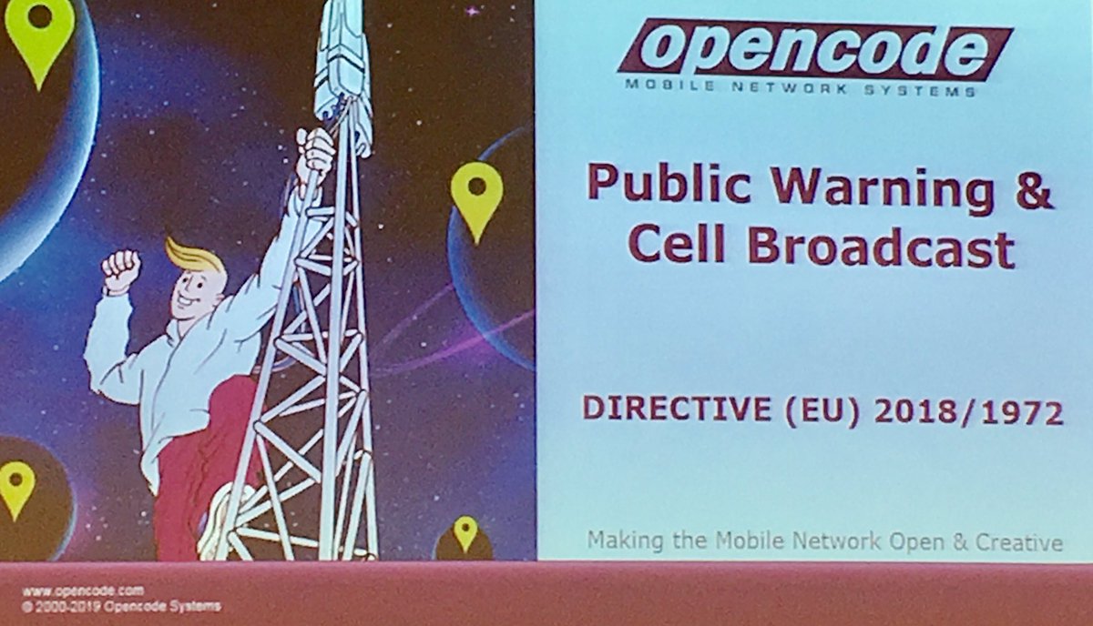 RutErdelyi's tweet photo. Thierry Darras of #EMEA at #EENA2019 -> #opencode in mobile public warning as you optimise alert delivery. #CellBroadcast vs #SMS in public warning -> embracing service flow, location & user needs. Get inspired by #ROAlert & #EarlyWarning trends #BSC #RNC #MME #4G #5G #CellID https://t.co/SVz09Z0s14