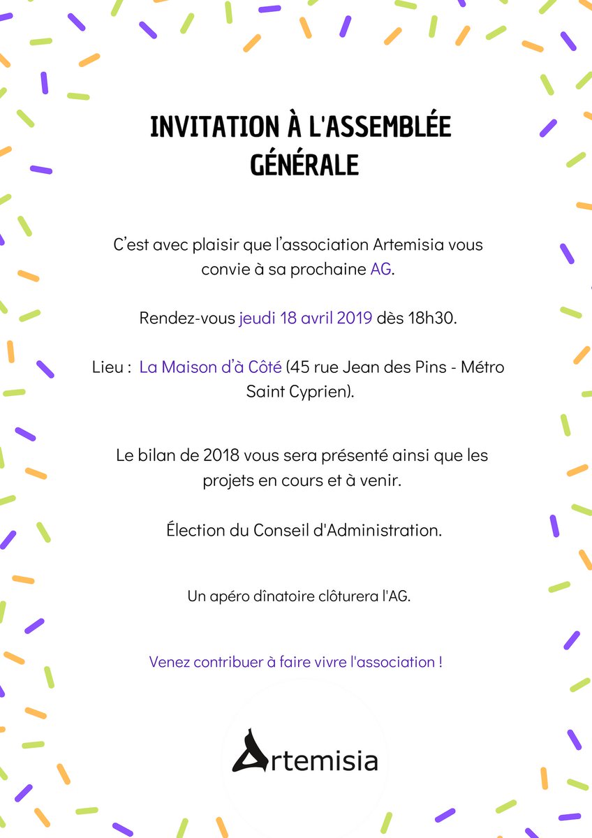 Jeudi 18 avril c'est l'Assemblée générale d'Artemisia ! L'occasion de faire un bilan sur 2018 et de vous présenter nos nouveaux projets pour l'#égalité. Vous êtes tous et toutes invité.e.s, on a hâte de vous rencontrer !