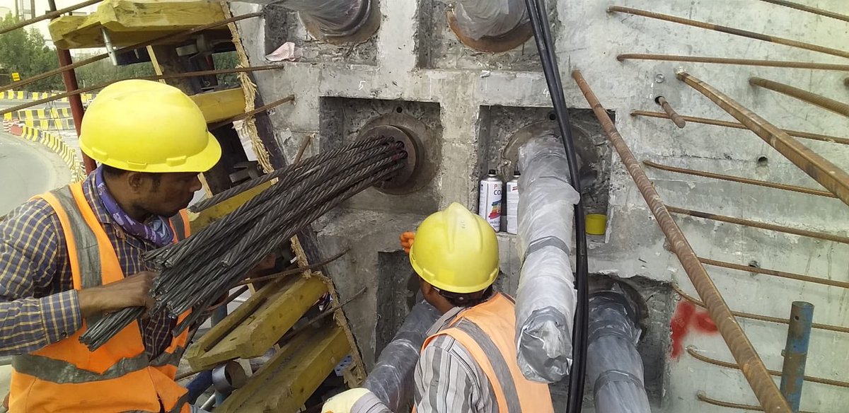 أعمال شد ويرات الاجهاد لبلاطات الجسور الجاري تنفيذها عند تقاطع طريق الدائري السابع مع طريق ٢٥٣.