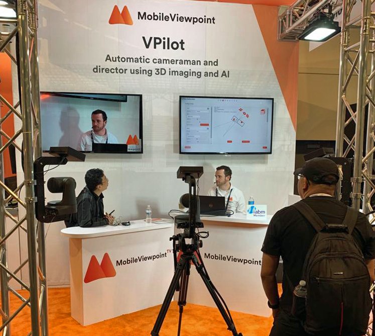 MobileViewpoint's tweet photo. Come talk to us and talk to #Vpilot. While talking, you'll see how #Vpilot cuts cameras and frames you. #AutoCameraman #AutoDirector #AIdriven #AutomatedProduction #NABshow #NAB2019 #NAB19 https://t.co/M2FmjbeWD6