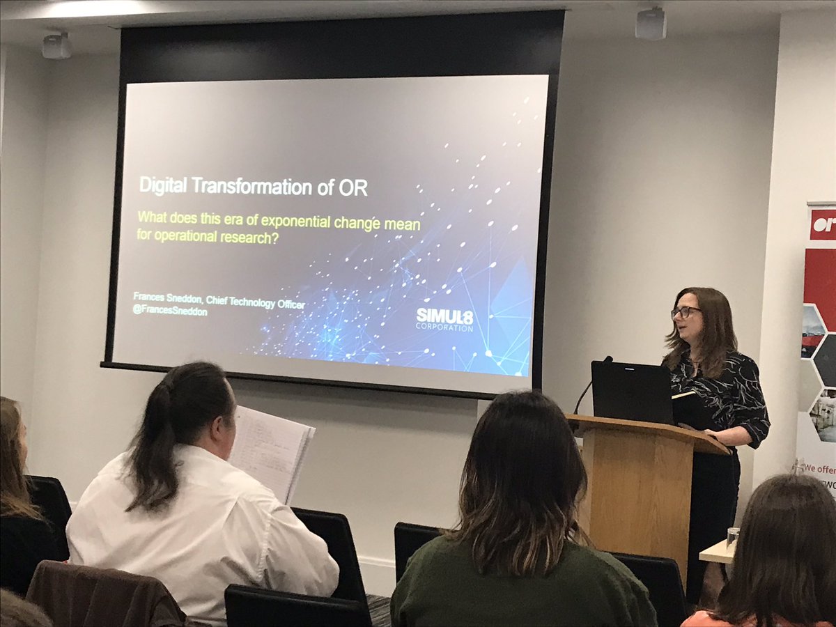 Scobbert's tweet photo. 20 years on and @FrancesSneddon @SIMUL8 #CTO is back @TheORSociety #NewtoOR #YOR Conference as a #plenary speaker “OR in the realm of #DigitalTransformation” #INFORMS #ThisIsOR #TheScienceofBetter “Change or get left behind” https://t.co/ioRPtvBH3z