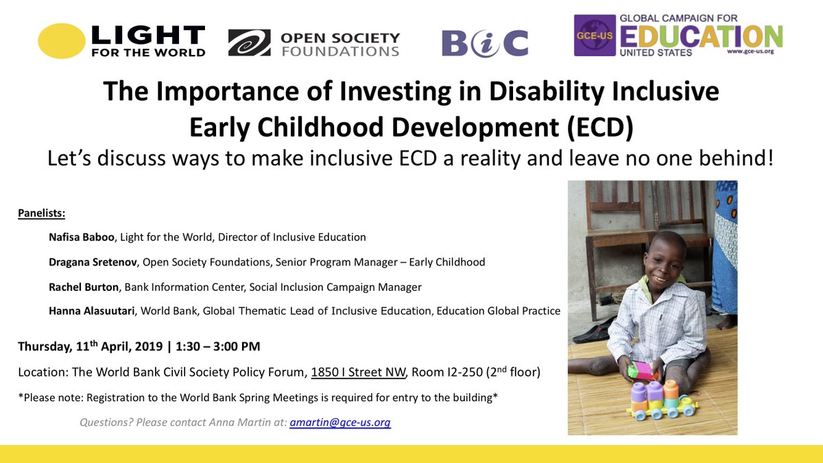 globaleducation's tweet photo. Let's make #InclusiveEd & #ECD a reality! Thu 11 April 1:30-3pm @WorldBank: Investing in Disability Inclusive Early Childhood Education .@lftwworldwide .@OpenSociety .@bic_updates .@GCE_US
#SMCSO19 #WBGMeetings https://t.co/GUeaPe1DiL