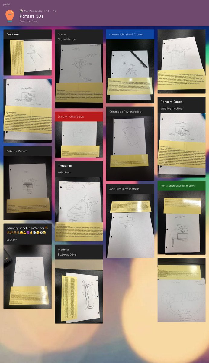 mpcawley17's tweet photo. Draw the claim for the Patent 101 session @USPTO with my STEM kiddos @BobcatsSf as they prepare for their invention challenge and using Paddlet to share their individual art. #extraordinarylearning @DVUSD #technology #STEMAZing #Intellectualproperty #inventionchallenge https://t.co/cULdqA73ML