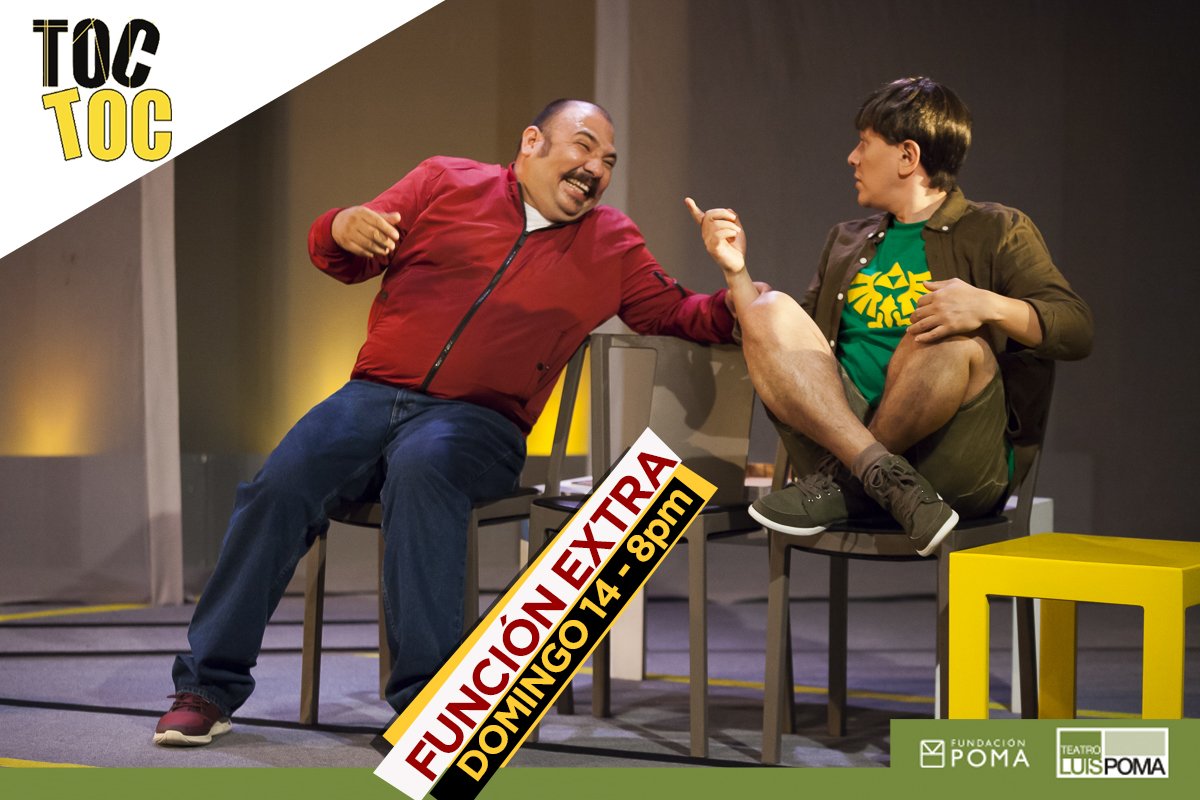 TeatroLuisPoma's tweet photo. ¡FUNCIÓN EXTRA!
Domingo 14 - 8pm
"TOC TOC" Comedia.
Obra original.
Entradas en https://t.co/FhZDvyATKz

Dirección: Roberto Salomón
Producción: Teatro Luis Poma y Fundación Poma

Disponibles:
Sáb 13 - 5pm y 8pm
Dom 14 - 5pm y 8pm

#comediateatral #TeatroLuisPoma #FundaciónPoma https://t.co/uRArCAQUAu