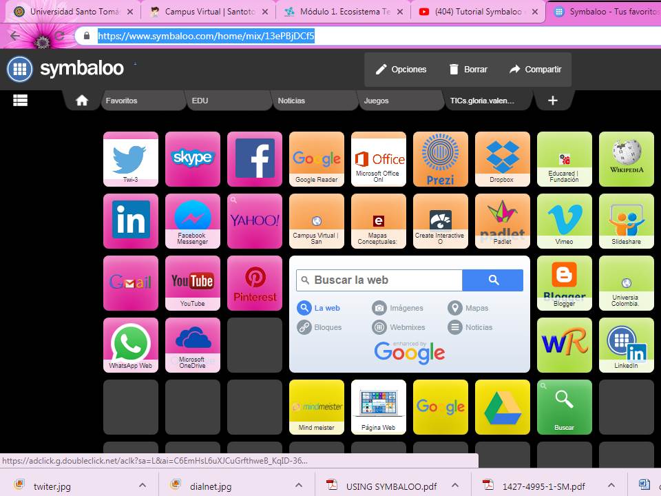 valenciausta's tweet photo. #TecnologiaEducativaUSTA He podido conocer y experimentar el uso de excelentes herramientas didacticas, como por ejemplo Symbaloo que ayuda a organizar los diferentes enlaces web por temas o usos y asi tener un escritorio virtual de facil acceso. Muestro mi PLE en Symbaloo. https://t.co/x47TXA09EM