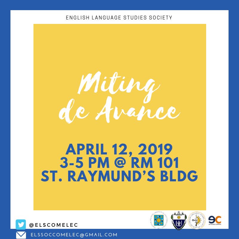 Good afternoon! Be informed of the Miting de Avance that will be happening tomorrow!
For more inquiries, contact us thru twitter @ELSComelec or email us at elssoccomelec@gmail.com
#ELectionS2018