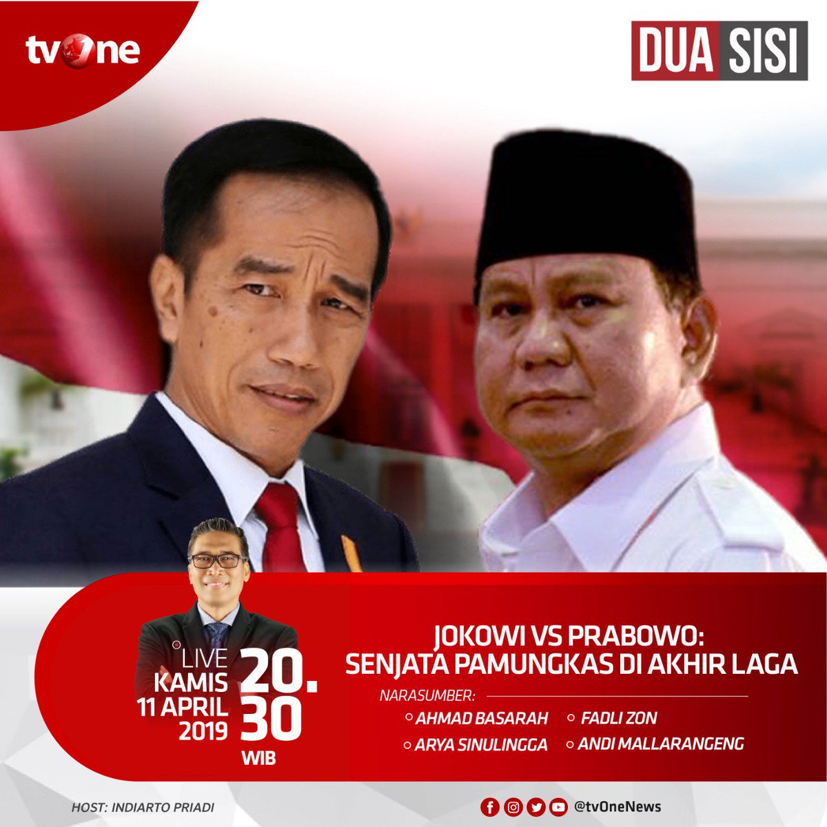 Jokowi-Ma'ruf maupun Prabowo-Sandi saling mengeluarkan senjata pamungkasnya untuk meraup suara pemilih yang masih bimbang. Siapakah yang lebih efektif merebut hati rakyat?
Nantikan <a href="/duasisi_tvone/">DUA SISI tvOne</a> malam ini jam 20.30 WIB hanya di tvOne &amp; streaming tvOne connect.
#DuaSisitvone