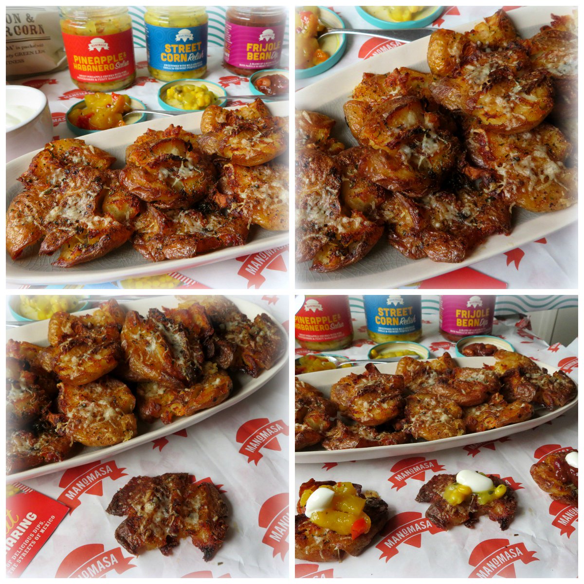 Smashed Baby Potatoes served with 3 delicious dips! Nom nom! <a href="/Manomasa_/">Manomasa</a>  theenglishkitchen.blogspot.com/2019/04/crispy… #foodporn #delicious #recipe #nomnomnom #potatoes #dips #appetiser #deliciousfood