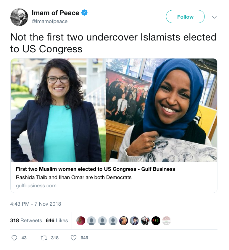 Just days ago, a fanatic convinced that  @IlhanMN is a radical Islamist working for the Muslim Brotherhood was arrested after threatening to "put a bullet in her fucking skull." From the moment she was elected,  @imamofpeace has been obsessively pushing such assertions.