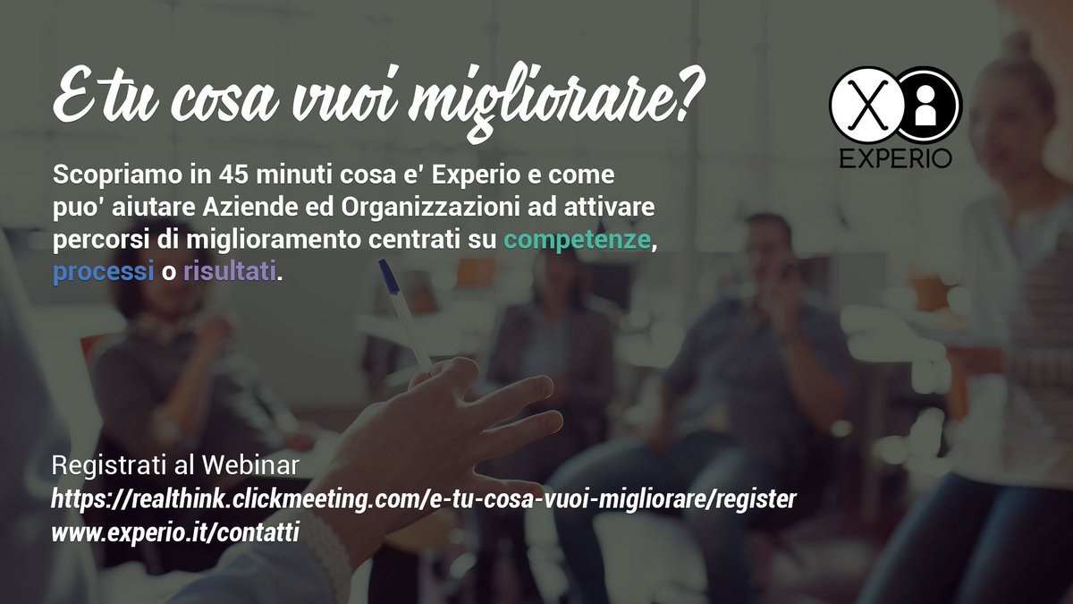 experio_method's tweet image. Oggi è il grande giorno. Prenota il tuo posto per il WEBINAR E TU COSA VUOI MIGLIORARE? - Oggi alle 16.00
Scoprirai tutto di Experio e di come sta usando #xAPI per cambiare il modo di fare formazione. #experienceapi #hranalytics ow.ly/yPD530ofpPC
