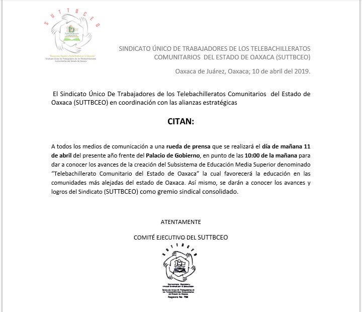 UCIN_Medios's tweet photo. #SUTTBCEO convoca a medios a conferencia de prensa jueves 11 de abril 10 hrs frente a palacio @GPO_AC @DespertardeOax @cid_foto @nvinoticiasoax @andooaxaca @LaondaOaxaca https://t.co/3N3YSM0AGR