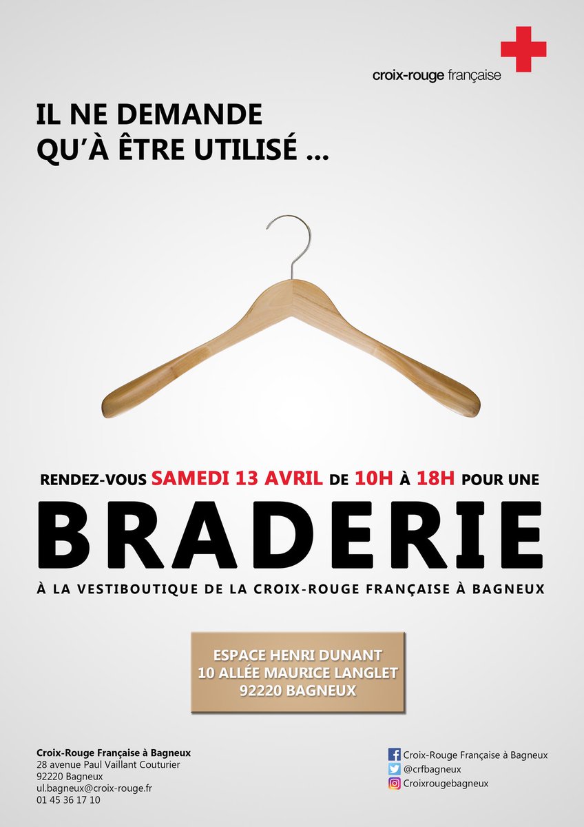 Tu fais quoi #samedi ? Tu viens à notre #Braderie ? Au 10 allée Maurice Langlet a @VilledeBagneux nous serons là pour t’accueillir ! #shopping #actionsolidaire #vestiboutique #bonneaffaire @CroixRouge @CroixRouge92