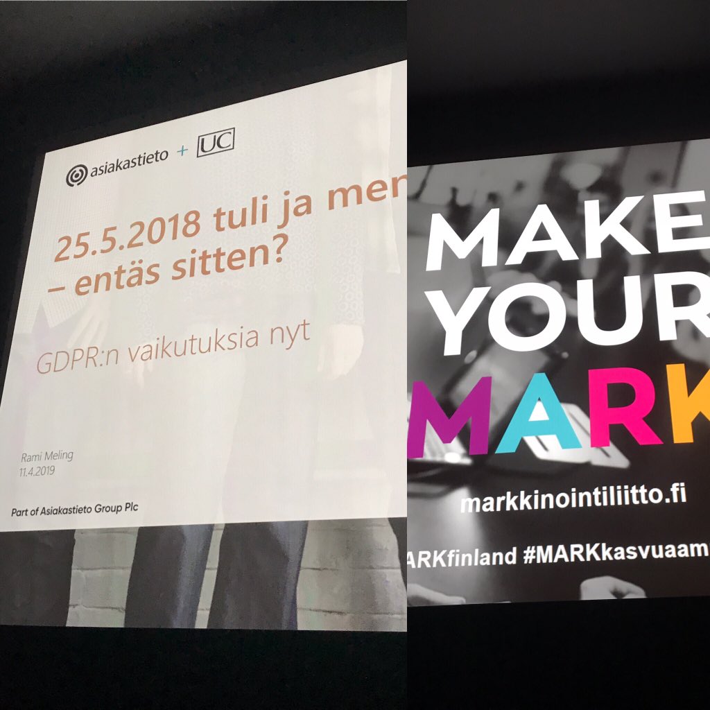 ramime27's tweet photo. Tänään vaihteeksi lauteilla #gdpr:n tiimoilta MARKin Tietosuoja markkinoinnissa seminaarissa #markkinointiliitto #markfinland @Asiakastieto https://t.co/JoGmLkYTVB
