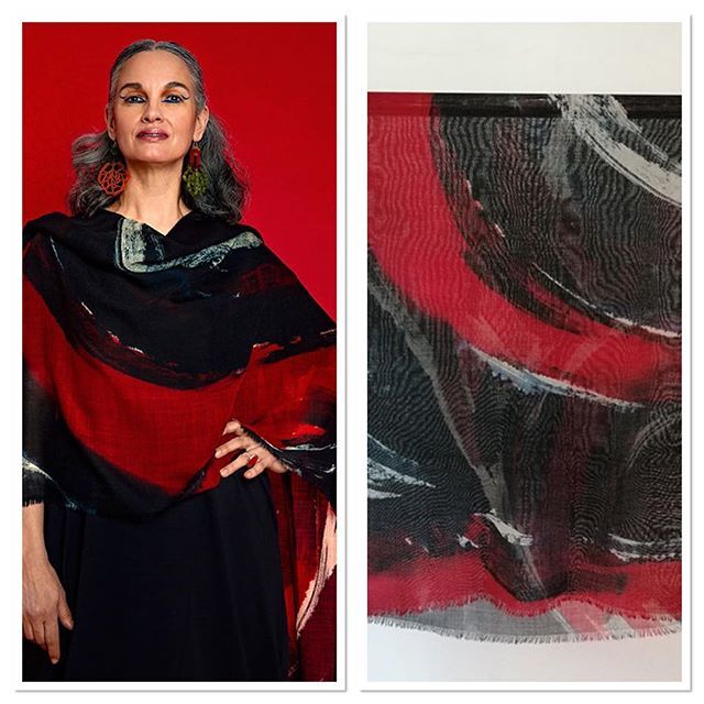 Our wool gauze shawls are an every season piece draping beautifully over coat, dress or jacket. 
This piece is a strong abstract design painted in deep red, black and cream. Like everything we make it’s unique. £195 and available online. 
Earrings @shelby_fitzpatrick_jewelle…