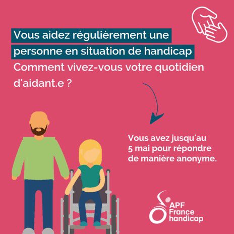 🤝Vous êtes aidant.e d'une personne en situation de #handicap : nous vous invitons à répondre à un questionnaire pour vous exprimer sur votre quotidien 👉bit.ly/2uTrc9x
Vos réponses permettront d’illustrer notre plaidoyer publié le 06.10.19. 
#Aidants #Aidantes