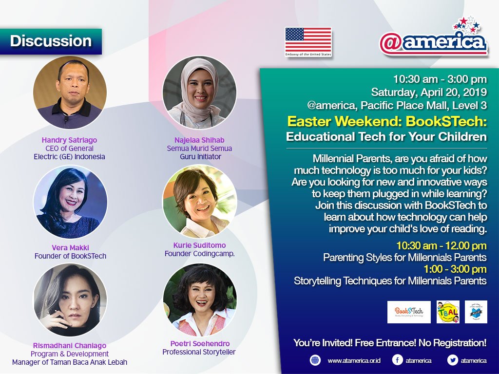 bookstech's tweet photo. Hello millennial parents & teachers!
Come & Join #Bookstech2019 !
Saturday, April 20, 2019 | 10.30am - 3.00pm
Contact: info(at)bookstechindonesia(dot)com
#bookstech #bookstechid #tamanbacaanaklebah #tamanbacaananaklebah #TBAL #semangatiguru #atamerica
@arnellism @poetrisoehendro https://t.co/GYJQdEqhap