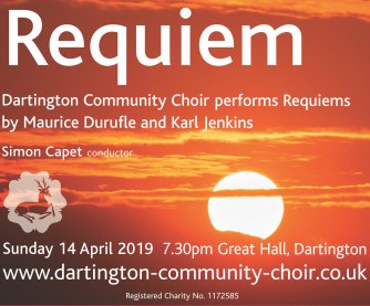 Tmr. Sun 14 April. 19.30. Karl Jenkins' Requiem &amp; Maurice Durufle's Requiem by Dartington Sinfonietta and 
<a href="/DartingtonChoir/">DartingtonChoir</a>

At Dartington Hall #Totnes

See: classicalevents.co.uk/concerts/great…