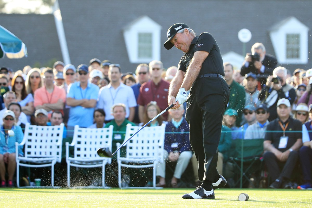 Gary Player has the honour of the first tee shot and he puts it