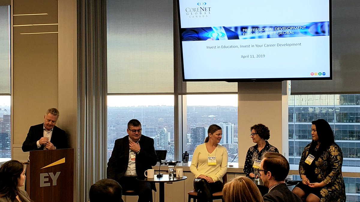 DougDukeVP's tweet photo. Getting set for @CoreNetCanada's breakfast event in downtown #Toronto. Kevin Wright introduces the panelists in the fantastic @EYCanada offices at 100 Adelaide W. #investineducation #continuouslearning #CRE https://t.co/YMQDzBzYTS