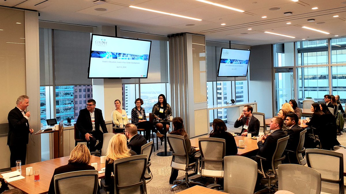 DougDukeVP's tweet photo. Getting set for @CoreNetCanada's breakfast event in downtown #Toronto. Kevin Wright introduces the panelists in the fantastic @EYCanada offices at 100 Adelaide W. #investineducation #continuouslearning #CRE https://t.co/YMQDzBzYTS