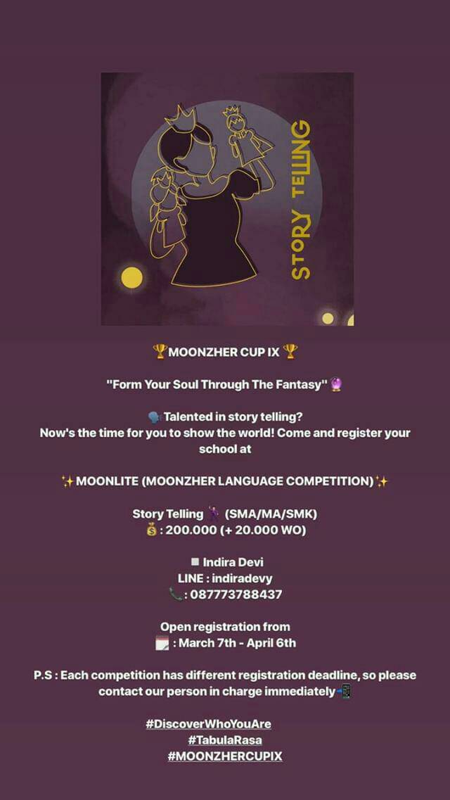 Sp_fathia's tweet image. Lomba Bahasa Inggris 2019

• STORYTELLING
Open Registration extended until 13 April 2019

Contact person:
Indira Devi
📞 Phone number: 087773788437
📲 Line: indiradevy
📲 IG: moonzhercup

#storytelling #englishcompetition #ecomp #lombabahasainggris #lomba2019 #storytelling2019