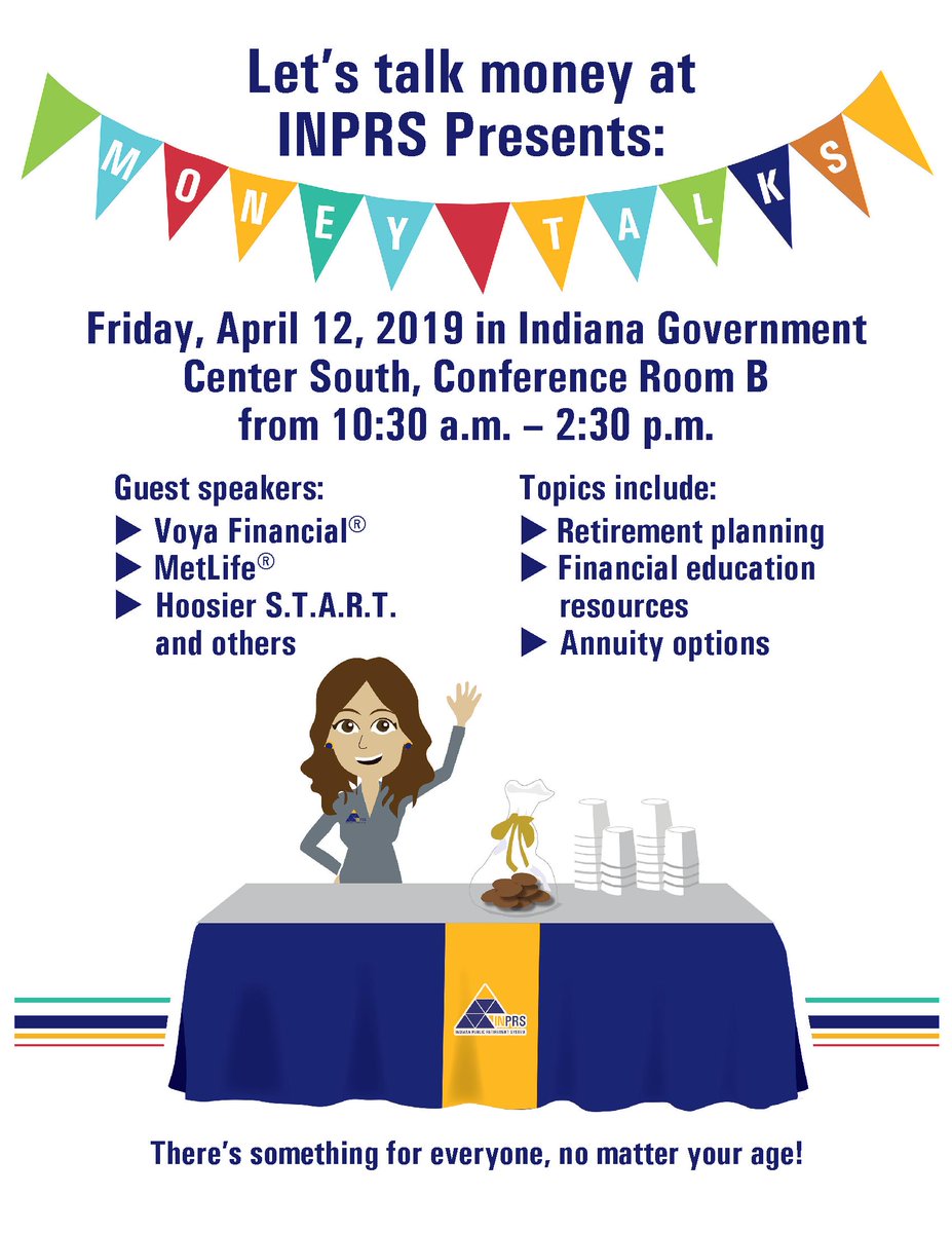 Calling all state employees! Join us tomorrow for "Money Talks." We'll have an information booth at this <a href="/INPRS/">INPRS</a> event. It runs from 10:30a-2:30p in Conference Room B of Indiana Government Center South.