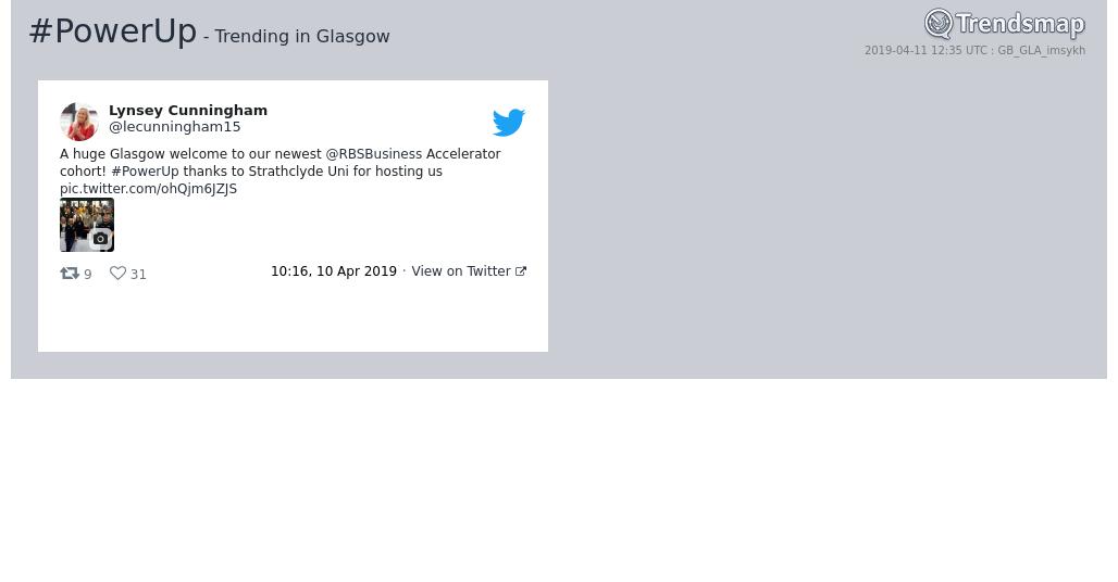 TrendsGlasgow's tweet photo. #powerup is now trending in #Glasgow

https://t.co/GVY0pX9cDI https://t.co/TwLZp1fBRM