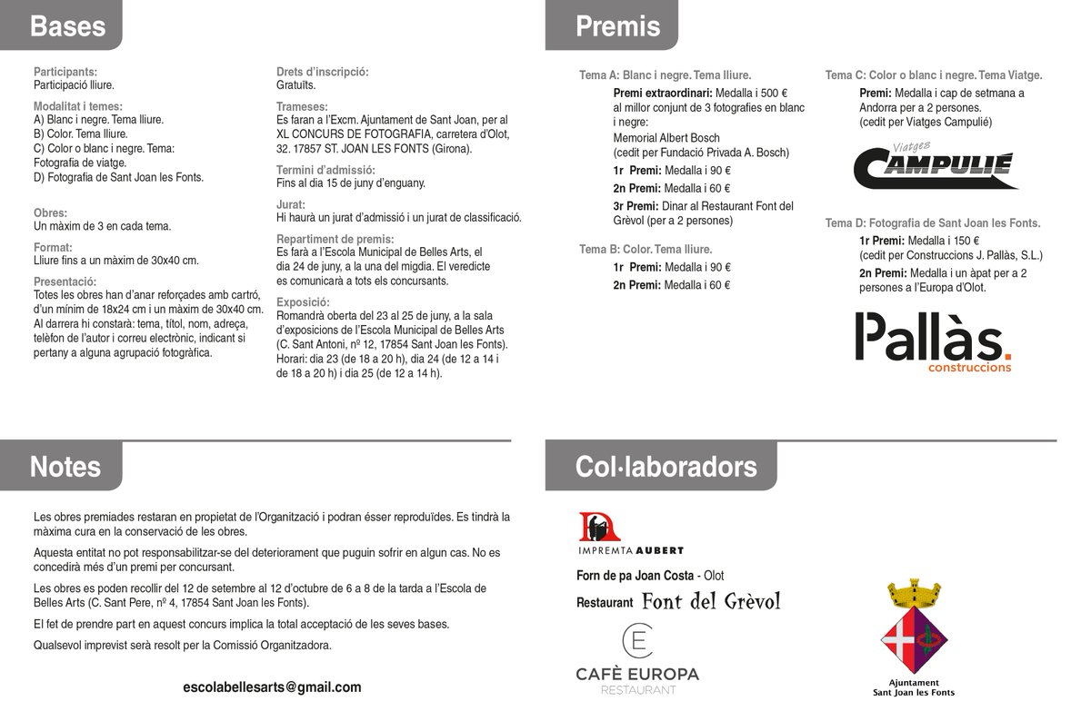 santjoanfontsaj's tweet photo. Ja han sortit les bases del XL Concurs de Fotografia de l'Associació Cultural de Belles Arts @escola_arts 

+ Info https://t.co/gsMDnSoeyW
#concursfotografia #fotografia #concursfotogràfic #santjoanlesfonts #lagarrotxa #escolabellesarts #escolabellesartssantjoanlesfonts https://t.co/6JvVZ0fpls