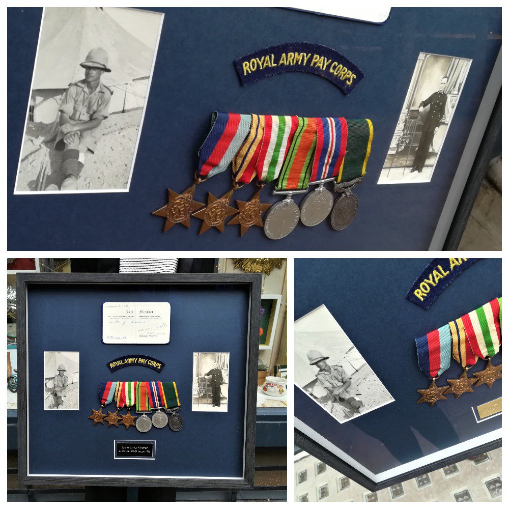 Medals with vintage photos, box framed in a wooden brown frame, with a custom-made brass plate. 

Pop in and #frame your achievements !

#RoyalArmyPayCorps #BritishArmy #medals