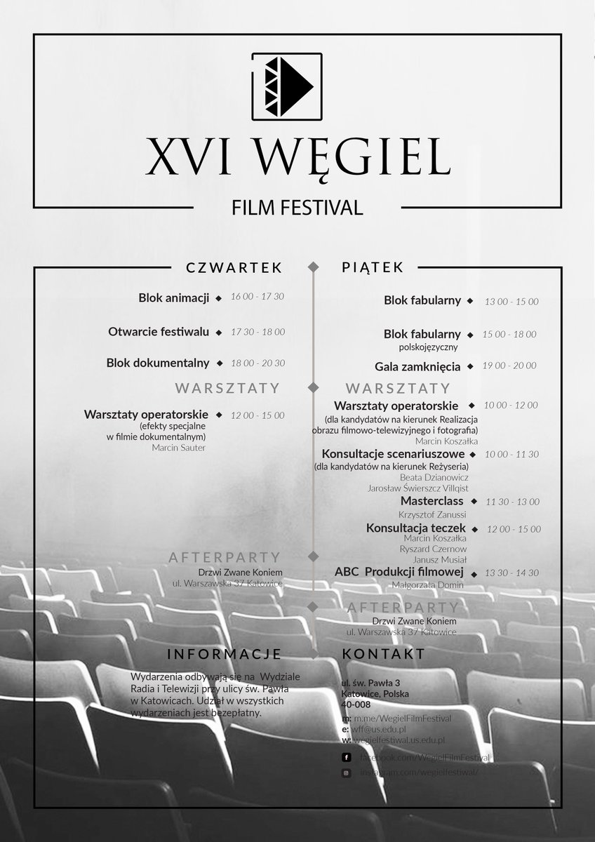 USinKatowice's tweet photo. Dziś rozpoczynamy organizowany przez studentów #WRiTV XVI Węgiel #Film #Festiwal 🎥📽️🎞️🎞️🎞️ Ideą przedsięwzięcia jest prezentacja twórczości studentów szkół filmowych z różnych stron świata...➡️https://t.co/opP6jv4YAy #Katowice #Slask https://t.co/mRTzTGYEer
