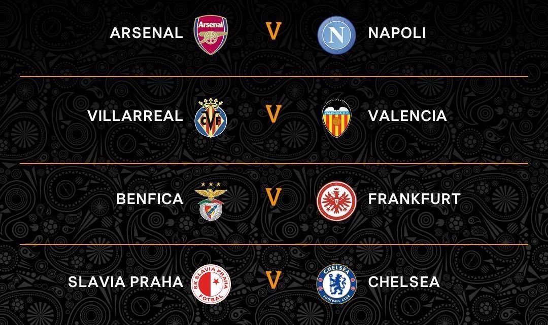#TODAYMATCH #UEL 
QuarterFinal Leg1 
K.O 02.00 WIB

ARSENAL vs NAPOLI [RCTI LIVE]

Streaming:
VILLAREAL vs VALENCIA
BENFICA vs  FRANKFURT
SLAVIA PRAHA vs CHELSEA