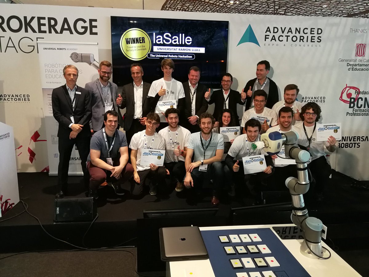 UR_Iberia's tweet photo. 🏆¡Tenemos ganadores del #HackTheCobot! Felicidades a @LaSalleBCN por su excelente papel en esta hackathon. El premio consiste en un viaje a Dinamarca para visitar la sede de Universal Robots.
@AdvanFactories https://t.co/HvNElBjIbh