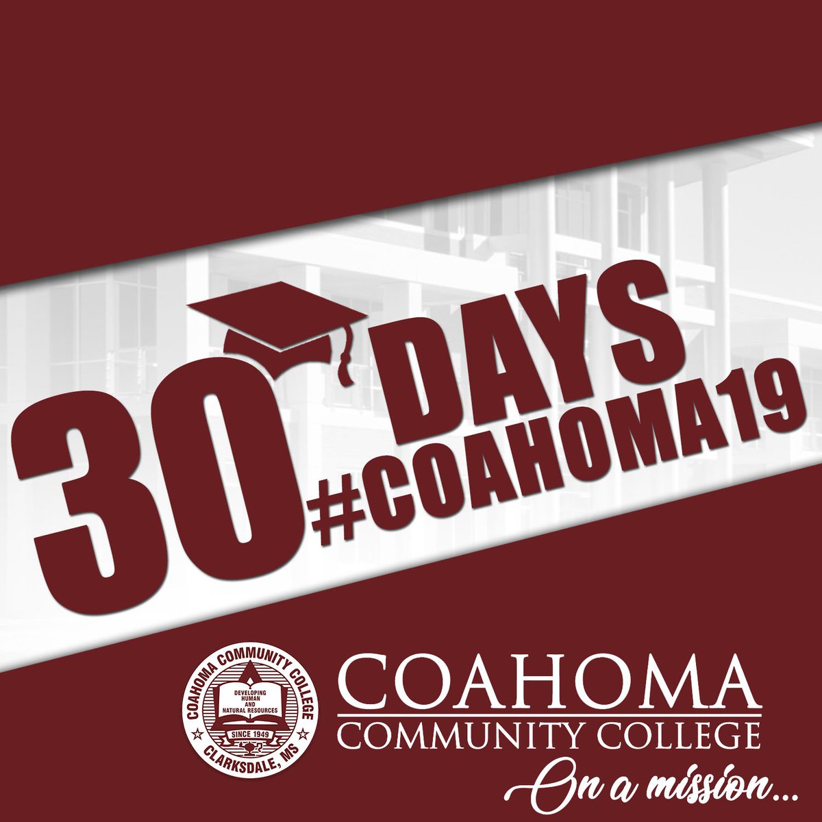 CoahomaCC's tweet photo. Today marks 30 days until #Coahoma19 officially graduates from Coahoma Community College. Study hard, stay focused and be sure to meet us in the Pinnacle on Saturday, May 11, 2019! #CoahomaProud #Since1949 #CCCGrads #Coahoma_rys19 https://t.co/Y9ZBt5RfjF